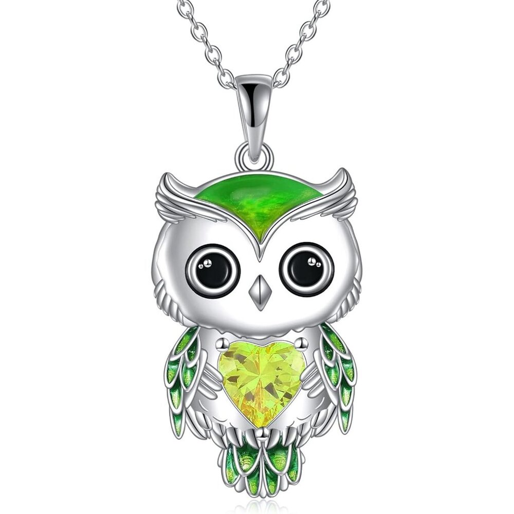 Women's Green Sterling Silver Birthstone Cubic Zirconia Pendant Owl Necklace